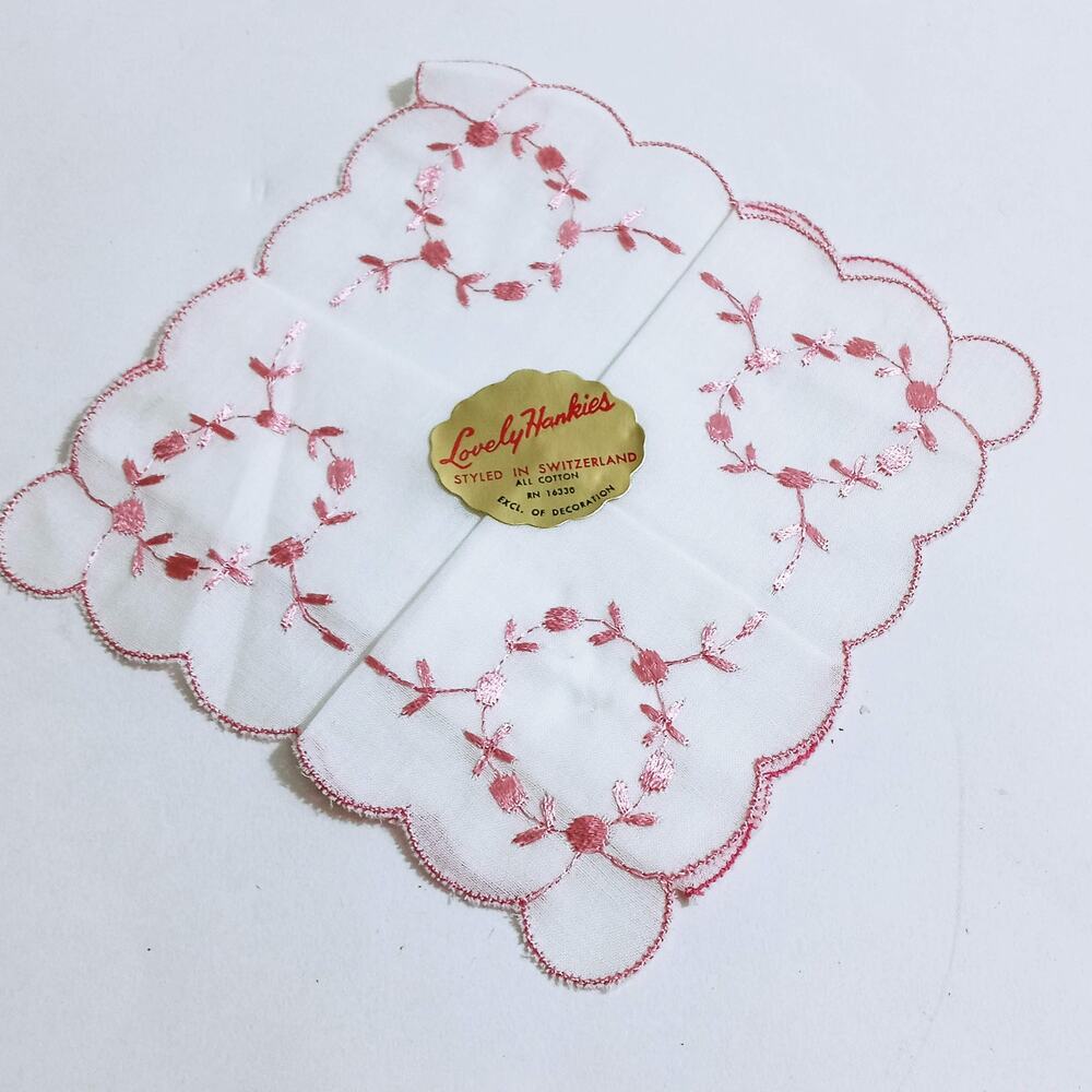 Vtg Pink Floral Embroidered Handkerchief Cottagecore Lovely Hankie Switzerland
